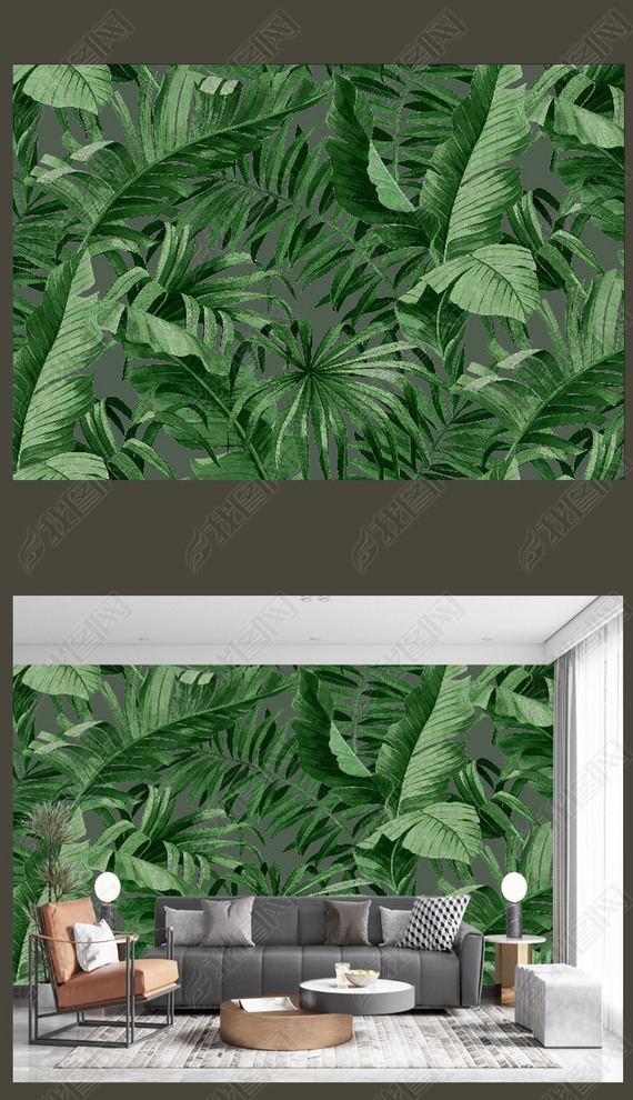 原创创意高端中式绿植森林花卉沙发背景墙壁纸壁画