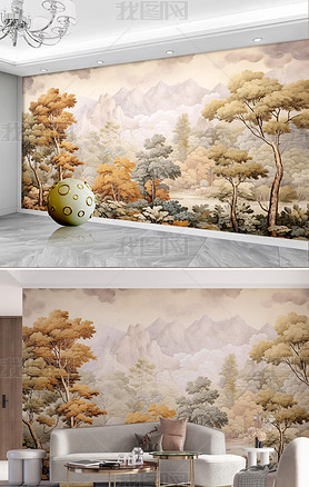 中世纪手绘森林风景壁纸背景墙