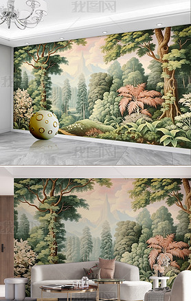 中世纪手绘森林风景壁纸背景墙