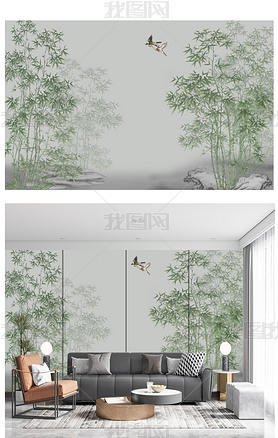 中式电视背景墙仿手绘高清花鸟