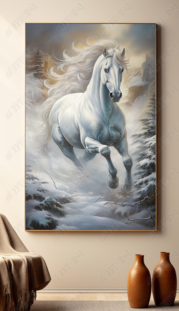 马到成功装饰画奔跑的大白马装饰画骏马挂画手绘白马
