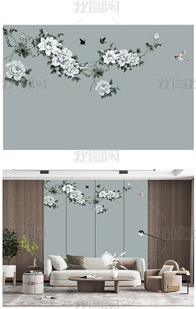 原创新中式高清花鸟手绘背景墙装饰画