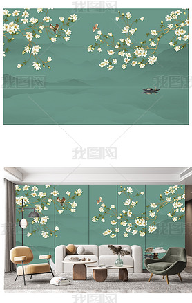 原创高清新中式花鸟手绘玉兰背景墙装饰画