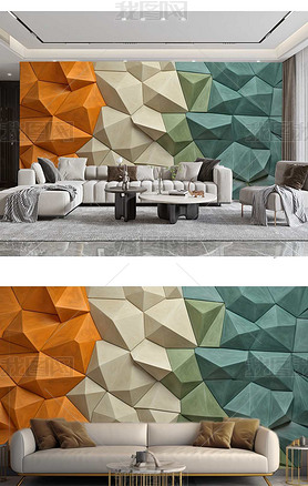 现代简约多巴胺橙色艺术几何图案电视沙发背景墙