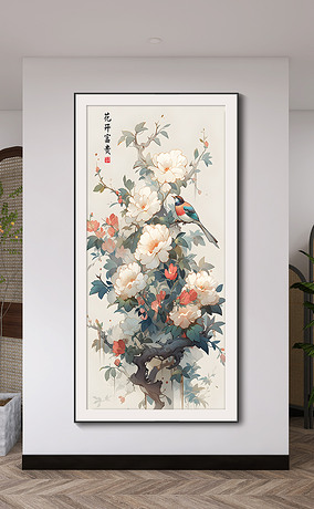中式现代轻奢手绘花鸟工笔画玄关背景墙植物装饰画