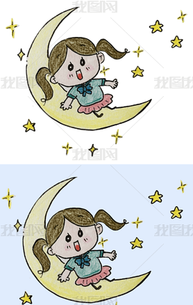 辫子女孩月亮弯月星星卡通插画铅笔画彩铅画免抠元素