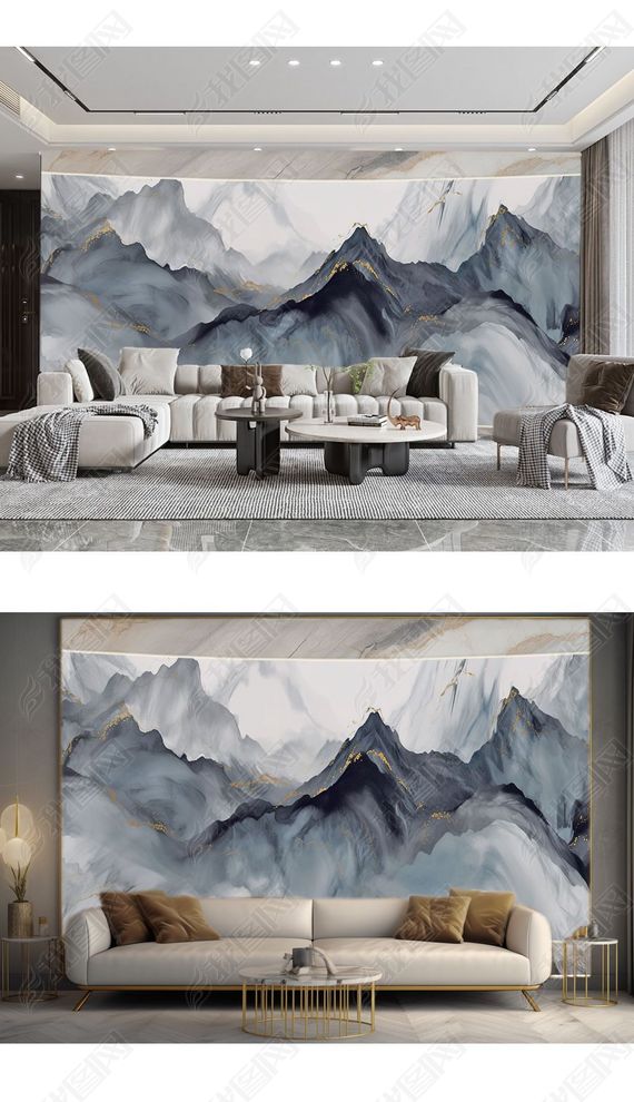 现代中式水墨山风景电视沙发背景墙壁纸壁画
