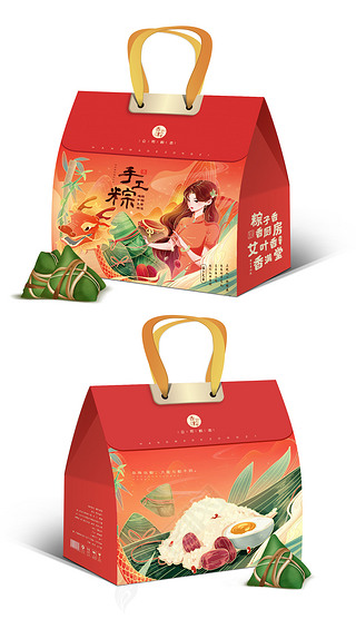 大气红色喜庆国潮风端午节粽子包装手提袋设计