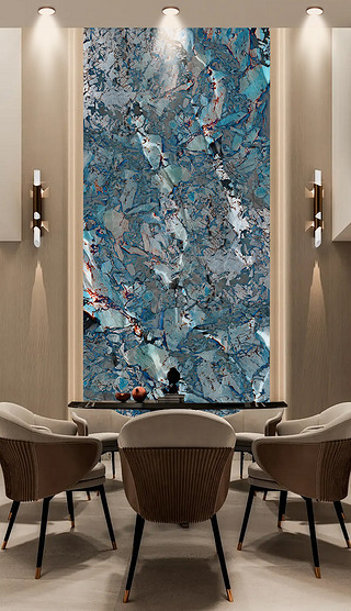 天然形成奢石冰火蓝冰裂岩板玻璃背景墙