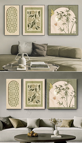 法式中古风复古花鸟植物组合客厅装饰画3
