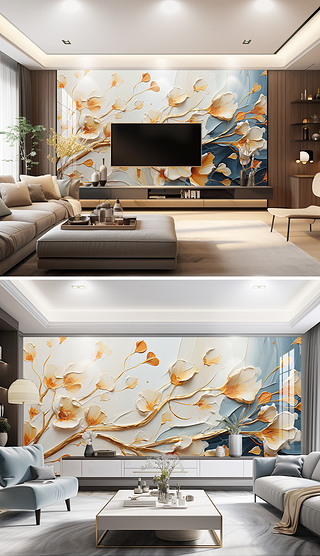 现代简约厚涂油画风格金色花卉发财树客厅电视背景墙