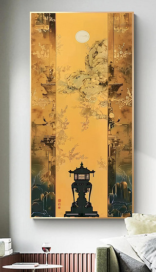 新中式花瓶客厅装饰画梅花山水纯手绘油画中国风玄关过道走廊挂画