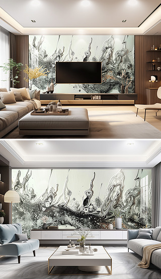 现代简约黑白抽象涂鸦艺术客厅电视背景墙