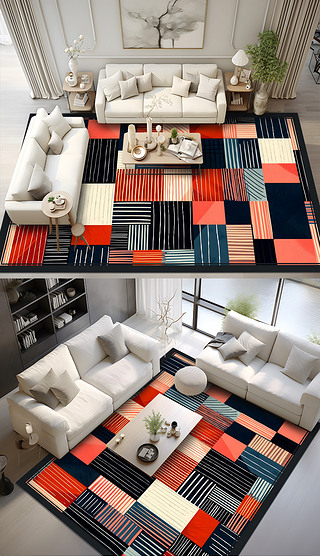 北欧抽象几何地毯彩色线条格子地毯