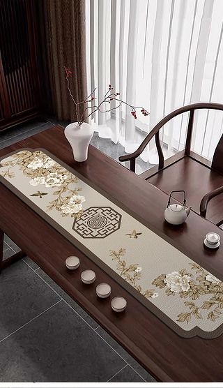 新中式桌垫中式复古桌垫餐垫花鸟餐垫茶几垫皮革桌布