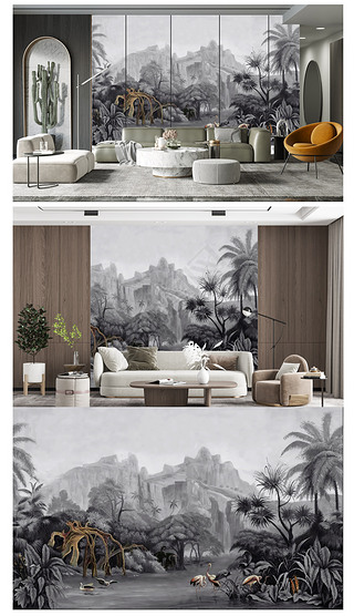 现代高清简约热带雨林美式西洋墙画背景墙壁画
