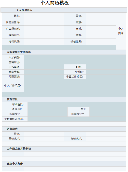 个人简历表格空白表word模板 电子版 0