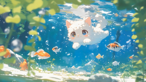 小猫游泳 鱼 4k动漫壁纸 3840*2160