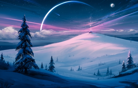雪，冬天，4K，自然，山，云，树，星星，<font color='red'>星空</font>，天空，月亮，4k风景壁纸
