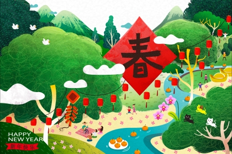 2019新年快乐插画主题春节背景4k壁纸