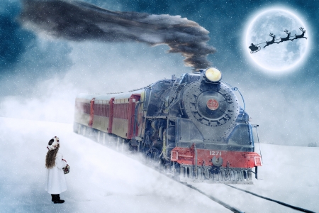 圣诞主题,圣诞节来临,蒸汽机车,小女孩,月光,圣诞老人,驯鹿,6k图片