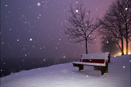 冬天风景,晚上,长凳,雪,雪花,图片