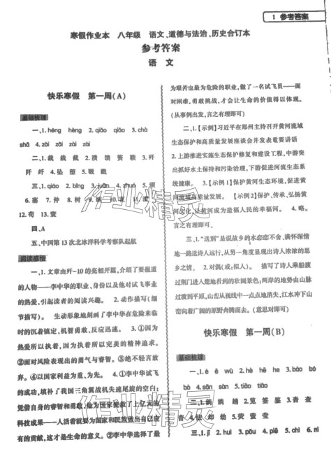 2024年寒假作业本大象出版社八年级语文道德与法治历史 第1页