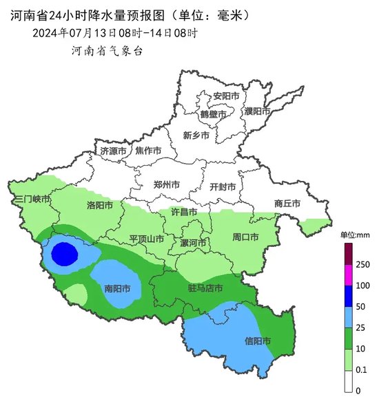 13日前强降水集中在河南南部，14日后转移至北中部