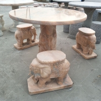 天然大理石桌椅 别墅石桌石凳 晚霞红小象石圆桌