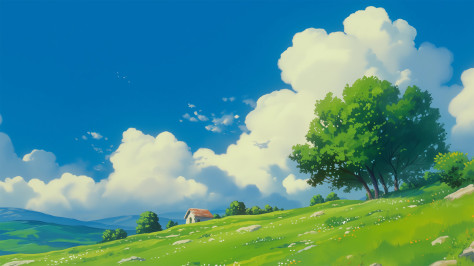 夏天风景 蓝天白云 山 树 房子 绿色草地 鲜花 高清壁纸