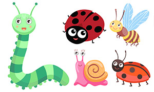 七星瓢虫与蜜蜂等卡通动物矢量素材