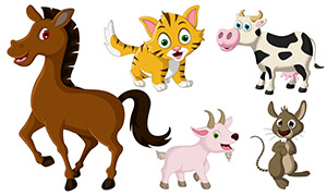 小马与猫鼠奶牛等卡通动物矢量素材