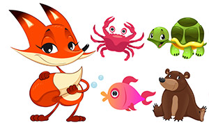 棕熊螃蟹与狐狸等卡通动物矢量素材