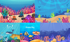 世界海洋日水底动植物插画矢量素材