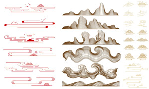 线条化国潮祥云飞鸟与山水矢量素材