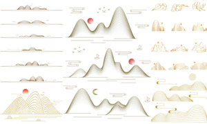 祥云红日与线条化山水国潮矢量素材