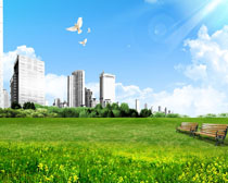 城市建筑草地绿色景观PSD素材