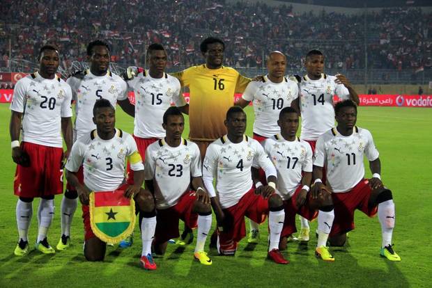 GROUP G - In this Nov. 19, 2013 file photo, Ghana soccer team poses prior to the start the World Cup qualifying soccer match between Egypt and Ghana. Background from left: Kwadwo Asamoah, Michael Essien, Rashid Sumaila, Fatau Dauda, André Ayew and Jerry Akaminko. Foreground from left: Asamoah Gyan, Harrison Afful, Daniel Opare, Majeed Waris and Sulley Muntari.
