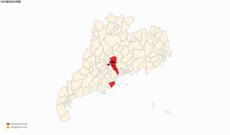 广东省2024年4月下半月成蚊密度MOI高密度监测点所在地区。图片来源：广东省疾病预防控制中心官方微信（高密度是指MOI >20，红色代表该地区已有高密度监测点）