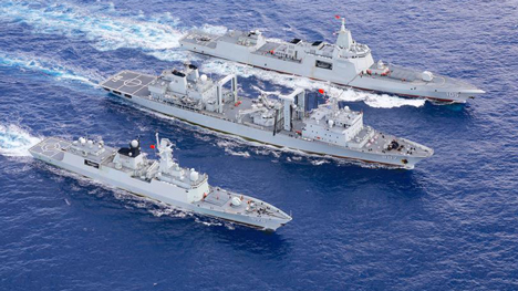 Naval vessels in replenishment-at-sea training