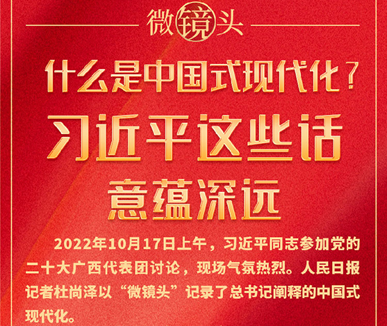 时习之·微镜头
 
 
10月17日上午，习近平同志参加党的二十大广西代表团讨论，现场气氛热烈。人民日报记者以“微镜头”记录了总书记阐释的中国式现代化。
  
 
     
 
                                                微镜头丨什么是中国式现代化？习近平这些话意蕴深远
                                             
 
                                                微镜头丨习近平这些话蕴含哲理 催人奋进
                                                                                   

 
                                        