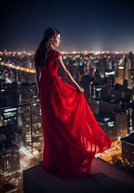 红裙美女站在高楼俯瞰城市夜景背影高清图片
